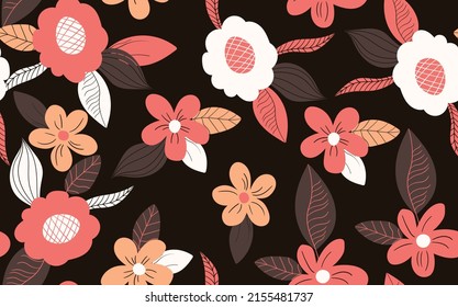 Seamless floral pattern based on traditional folk art ornaments. Colorful flowers on color background. Scandinavian style. Sweden nordic style. Vector illustration. Simple minimalistic pattern.