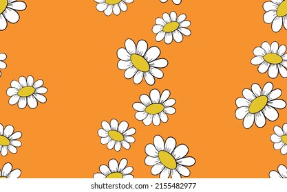 Seamless floral pattern based on traditional folk art ornaments. Colorful chamomile, daisy flowers on color background. Doodle style. Vector illustration. Simple minimalistic pattern.