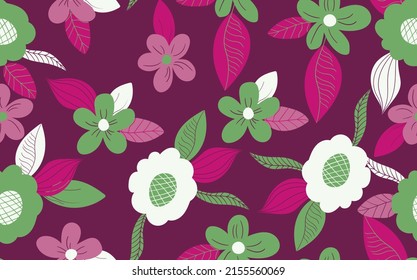 Seamless floral pattern based on traditional folk art ornaments. Colorful flowers on color background. Scandinavian style. Sweden nordic style. Vector illustration. Simple minimalistic pattern.