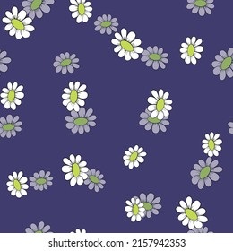 Seamless floral pattern based on traditional folk art ornaments. Colorful chamomile, daisy flowers on color background. Doodle style. Vector illustration. Simple minimalistic pattern.