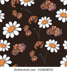 Seamless floral pattern based on traditional folk art ornaments. Colorful chamomile, daisy flowers on color background. Doodle style. Vector illustration. Simple minimalistic pattern.