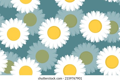 Seamless floral pattern based on traditional folk art ornaments. Colorful chamomile, daisy flowers on color background. Doodle style. Vector illustration. Simple minimalistic pattern.