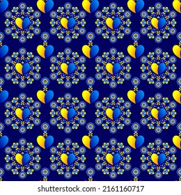 Seamless floral pattern based on Ukrainian ornament on dark blue background. Vector stylized ornament in Ukrainian style.