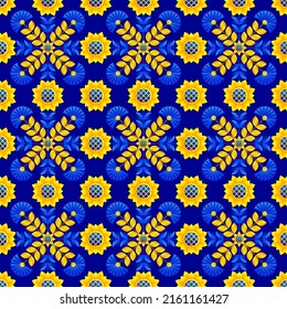 Patrón floral sin foco basado en el adorno ucraniano con fondo azul oscuro. Ornamento vectorial estilizado al estilo ucraniano.