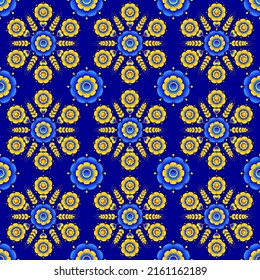 Seamless floral pattern based on Ukrainian ornament on dark blue background. Vector stylized ornament in Ukrainian style.
