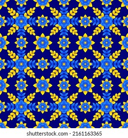 Seamless floral pattern based on Ukrainian ornament on dark blue background. Vector stylized ornament in Ukrainian style.