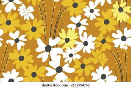 Seamless floral pattern based on traditional folk art ornaments. Colorful flowers on color background. Scandinavian style. Sweden nordic style. Vector illustration. Simple minimalistic pattern.