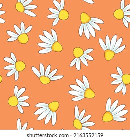 Seamless floral pattern based on traditional folk art ornaments. Colorful chamomile, daisy flowers on color background. Scandinavian style. Vector illustration. Simple minimalistic pattern.