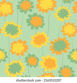 Seamless floral pattern based on traditional folk art ornaments. Colorful flowers on color background. Scandinavian style. Sweden nordic style. Vector illustration. Simple minimalistic pattern.