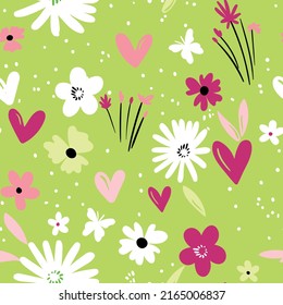 Seamless floral pattern based on traditional folk art ornaments. Colorful flowers on color background. Scandinavian style. Sweden nordic style. Vector illustration. Simple minimalistic pattern.