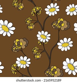 Seamless floral pattern based on traditional folk art ornaments. Colorful chamomile, daisy flowers on color background. Doodle style. Vector illustration. Simple minimalistic pattern.