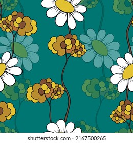 Seamless floral pattern based on traditional folk art ornaments. Colorful chamomile, daisy flowers on color background. Doodle style. Vector illustration. Simple minimalistic pattern.