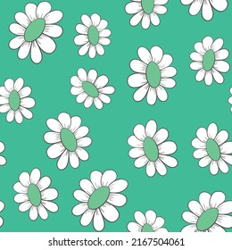 Seamless floral pattern based on traditional folk art ornaments. Colorful chamomile, daisy flowers on color background. Doodle style. Vector illustration. Simple minimalistic pattern.