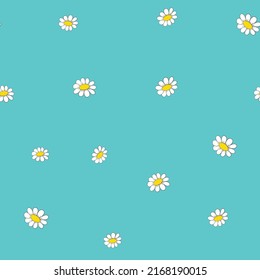 Seamless floral pattern based on traditional folk art ornaments. Colorful chamomile, daisy flowers on color background. Doodle style. Vector illustration. Simple minimalistic pattern.