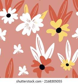 Seamless floral pattern based on traditional folk art ornaments. Colorful flowers on color background. Scandinavian style. Sweden nordic style. Vector illustration. Simple minimalistic pattern.