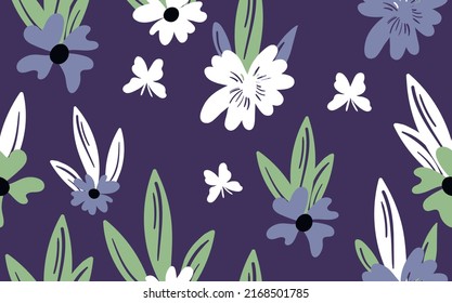 Seamless floral pattern based on traditional folk art ornaments. Colorful flowers on color background. Scandinavian style. Sweden nordic style. Vector illustration. Simple minimalistic pattern.