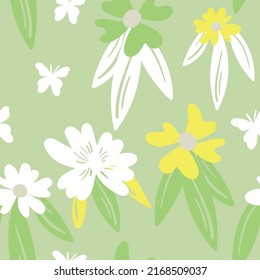 Seamless floral pattern based on traditional folk art ornaments. Colorful flowers on color background. Scandinavian style. Sweden nordic style. Vector illustration. Simple minimalistic pattern.