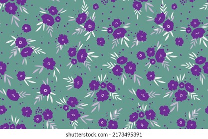 Seamless floral pattern based on traditional folk art ornaments. Colorful flowers on color background. Scandinavian style. Sweden nordic style. Vector illustration. Simple minimalistic pattern.