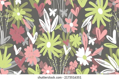 Seamless floral pattern based on traditional folk art ornaments. Colorful flowers on color background. Scandinavian style. Sweden nordic style. Vector illustration. Simple minimalistic pattern.