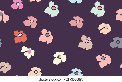 Seamless floral pattern based on traditional folk art ornaments. Colorful flowers on color background. Scandinavian style. Sweden nordic style. Vector illustration. Simple minimalistic pattern.
