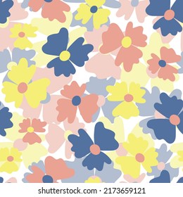 Seamless floral pattern based on traditional folk art ornaments. Colorful flowers on color background. Scandinavian style. Sweden nordic style. Vector illustration. Simple minimalistic pattern.