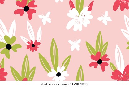 Seamless floral pattern based on traditional folk art ornaments. Colorful flowers on color background. Scandinavian style. Sweden nordic style. Vector illustration. Simple minimalistic pattern.