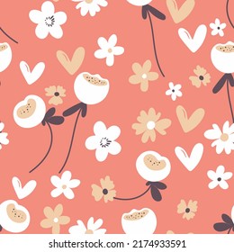 Seamless floral pattern based on traditional folk art ornaments. Colorful flowers on color background. Scandinavian style. Sweden nordic style. Vector illustration. Simple minimalistic pattern.
