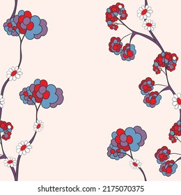 Seamless floral pattern based on traditional folk art ornaments. Colorful chamomile, daisy flowers on color background. Doodle style. Vector illustration. Simple minimalistic pattern.