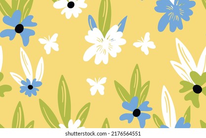 Seamless floral pattern based on traditional folk art ornaments. Colorful flowers on color background. Scandinavian style. Sweden nordic style. Vector illustration. Simple minimalistic pattern.