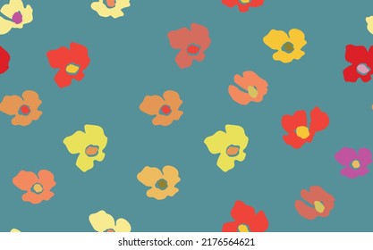 Seamless floral pattern based on traditional folk art ornaments. Colorful flowers on color background. Scandinavian style. Sweden nordic style. Vector illustration. Simple minimalistic pattern.