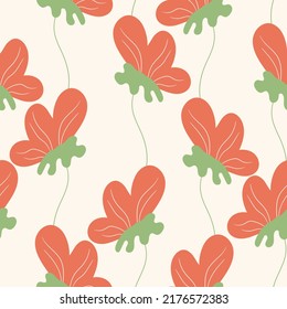 Seamless floral pattern based on traditional folk art ornaments. Colorful flowers on color background. Scandinavian style. Sweden nordic style. Vector illustration. Simple minimalistic pattern.