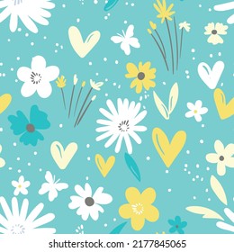 Seamless floral pattern based on traditional folk art ornaments. Colorful flowers on color background. Scandinavian style. Sweden nordic style. Vector illustration. Simple minimalistic pattern.