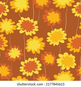 Seamless floral pattern based on traditional folk art ornaments. Colorful flowers on color background. Scandinavian style. Sweden nordic style. Vector illustration. Simple minimalistic pattern.