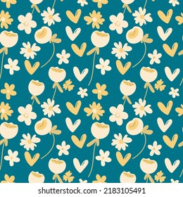 Seamless floral pattern based on traditional folk art ornaments. Colorful flowers on color background. Scandinavian style. Sweden nordic style. Vector illustration. Simple minimalistic pattern.
