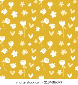Seamless floral pattern based on traditional folk art ornaments. Colorful flowers on color background. Scandinavian style. Sweden nordic style. Vector illustration. Simple minimalistic pattern.