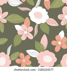 Seamless floral pattern based on traditional folk art ornaments. Art flowers on color background. Scandinavian style. Sweden nordic style. Vector illustration. Simple minimalistic pattern.