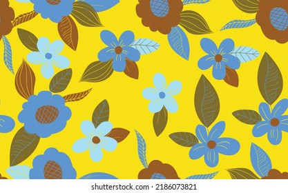 Seamless floral pattern based on traditional folk art ornaments. Colorful flowers on color background. Scandinavian style. Sweden nordic style. Vector illustration. Simple minimalistic pattern.