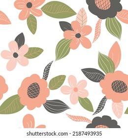 Seamless floral pattern based on traditional folk art ornaments. Art flowers on color background. Scandinavian style. Sweden nordic style. Vector illustration. Simple minimalistic pattern.
