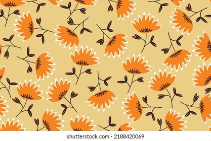 Seamless floral pattern based on traditional folk art ornaments. Colorful flowers on color background. Scandinavian style. Sweden nordic style. Vector illustration. Simple minimalistic pattern.