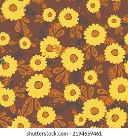Seamless floral pattern based on traditional folk art ornaments. Colorful flowers on color background. Scandinavian style. Sweden nordic style. Vector illustration. Simple minimalistic pattern.