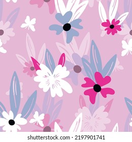 Seamless floral pattern based on traditional folk art ornaments. Colorful flowers on color background. Scandinavian style. Sweden nordic style. Vector illustration. Simple minimalistic pattern.