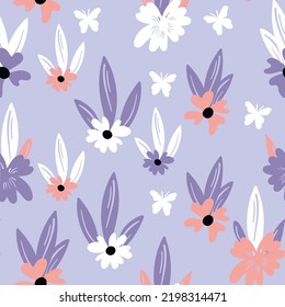 Seamless floral pattern based on traditional folk art ornaments. Colorful flowers on color background. Scandinavian style. Sweden nordic style. Vector illustration. Simple minimalistic pattern.