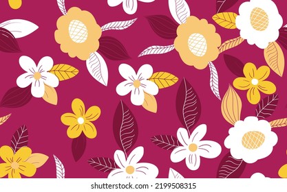 Seamless floral pattern based on traditional folk art ornaments. Colorful flowers on color background. Scandinavian style. Sweden nordic style. Vector illustration. Simple minimalistic pattern.