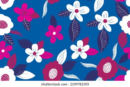 Seamless floral pattern based on traditional folk art ornaments. Colorful flowers on color background. Scandinavian style. Sweden nordic style. Vector illustration. Simple minimalistic pattern.
