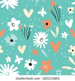 Seamless floral pattern based on traditional folk art ornaments. Colorful flowers on color background. Scandinavian style. Sweden nordic style. Vector illustration. Simple minimalistic pattern.