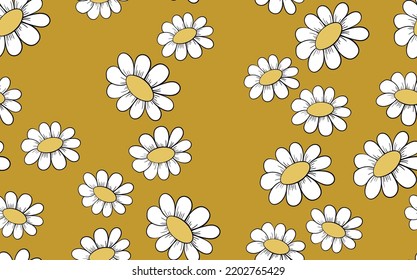 Seamless floral pattern based on traditional folk art ornaments. Colorful chamomile, daisy flowers on color background. Doodle style. Vector illustration. Simple minimalistic pattern.