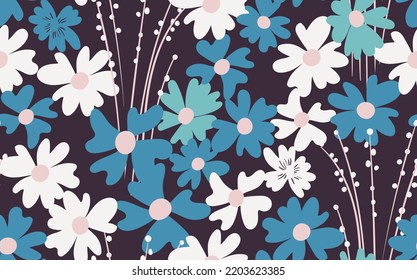 Seamless floral pattern based on traditional folk art ornaments. Colorful flowers on color background. Scandinavian style. Sweden nordic style. Vector illustration. Simple minimalistic pattern.