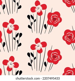 Seamless floral pattern based on traditional folk art ornaments. Art flowers on color background. Scandinavian style. Sweden nordic style. Vector illustration. Simple minimalistic pattern.