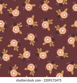 Seamless floral pattern based on traditional folk art ornaments. Colorful flowers on color background. Scandinavian style. Sweden nordic style. Vector illustration. Simple minimalistic pattern.