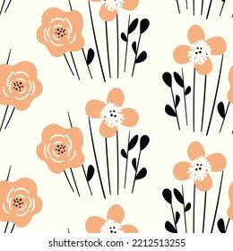 Seamless floral pattern based on traditional folk art ornaments. Art flowers on color background. Scandinavian style. Sweden nordic style. Vector illustration. Simple minimalistic pattern.
